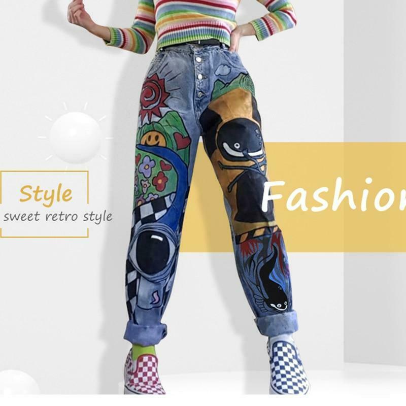 Y2K Vintage Cartoon Print Denim Pants - Coquette Aesthetic Grunge Style Cargo Skirt Women Fashion