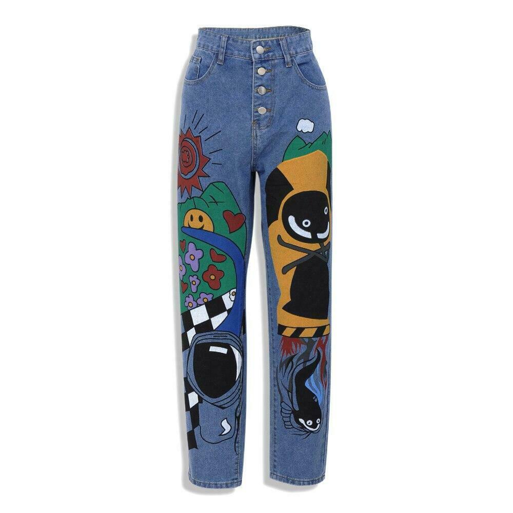 Y2K Vintage Cartoon Print Denim Pants - Coquette Aesthetic Grunge Style Cargo Skirt Women Fashion