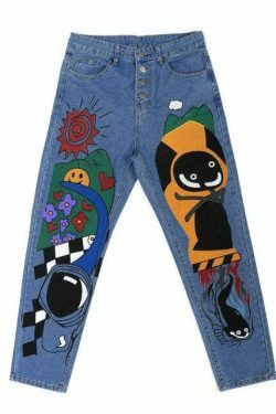 Y2K Vintage Cartoon Print Denim Pants - Coquette Aesthetic Grunge Style Cargo Skirt Women Fashion
