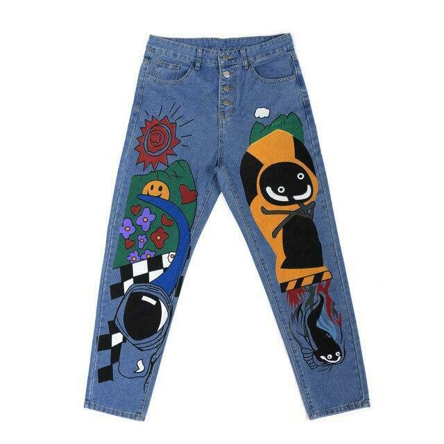 Y2K Vintage Cartoon Print Denim Pants - Coquette Aesthetic Grunge Style Cargo Skirt Women Fashion