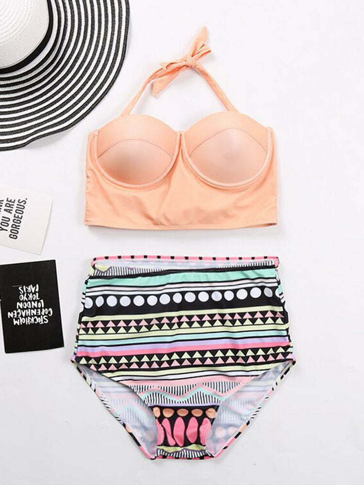 Y2K Vintage Halter String Backless Push Up Printed Bikinis Swimsuits