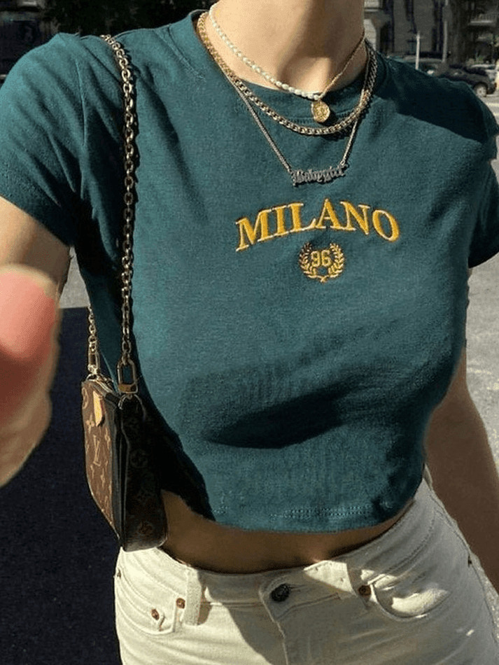 Y2K Vintage Logo Embroidery Crop Top - Coquette Aesthetic Grunge Style - Cute Pastel Goth Fashion