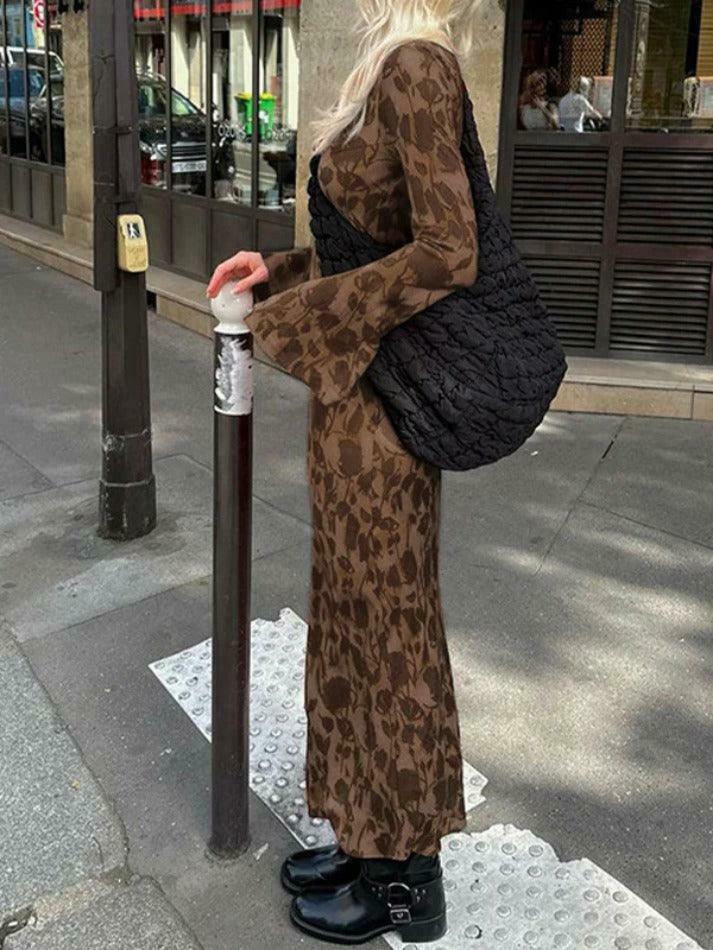 Y2K Vintage Print Maxi Dress with Trumpet Sleeves - Coquette Aesthetic Grunge Style Women's Fashion
