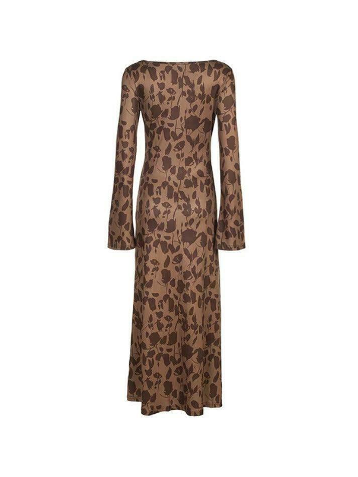 Y2K Vintage Print Maxi Dress with Trumpet Sleeves - Coquette Aesthetic Grunge Style Women's Fashion