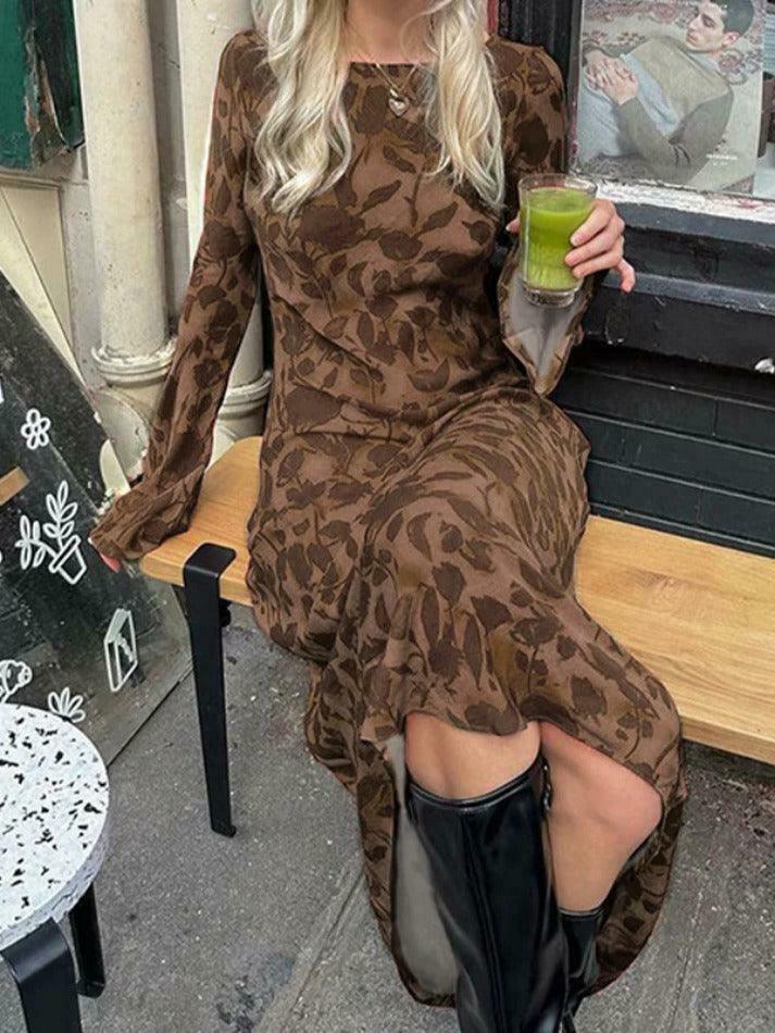 Y2K Vintage Print Maxi Dress with Trumpet Sleeves - Coquette Aesthetic Grunge Style Women's Fashion