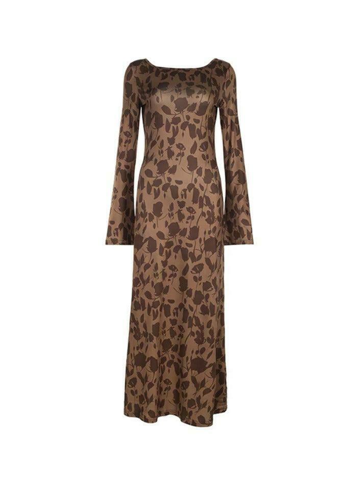 Y2K Vintage Print Maxi Dress with Trumpet Sleeves - Coquette Aesthetic Grunge Style Women's Fashion