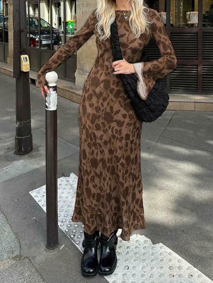 Y2K Vintage Print Maxi Dress with Trumpet Sleeves - Coquette Aesthetic Grunge Style Women's Fashion