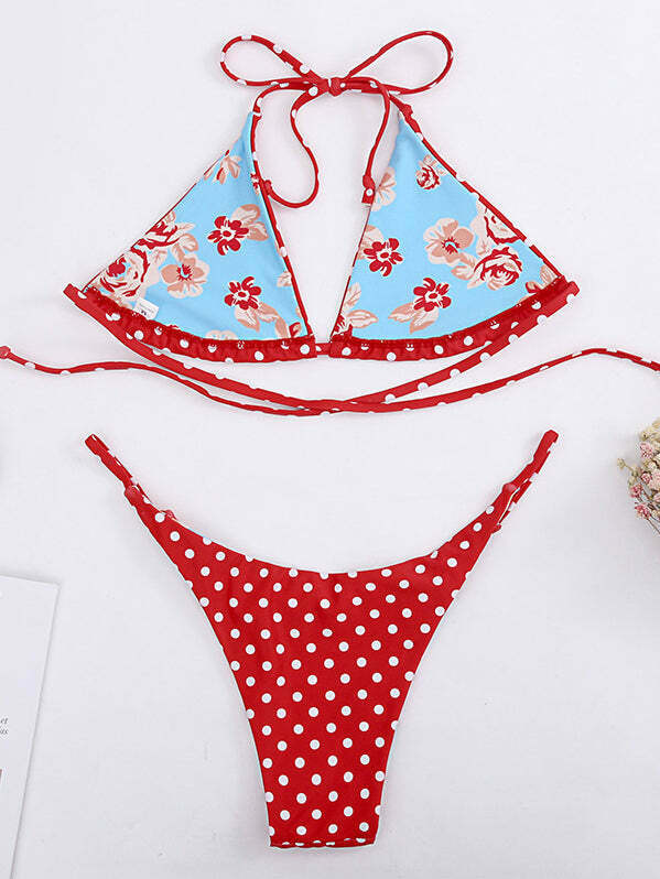 Y2K Vintage Red Bikini Set with Straps - Retro Swimwear for Women