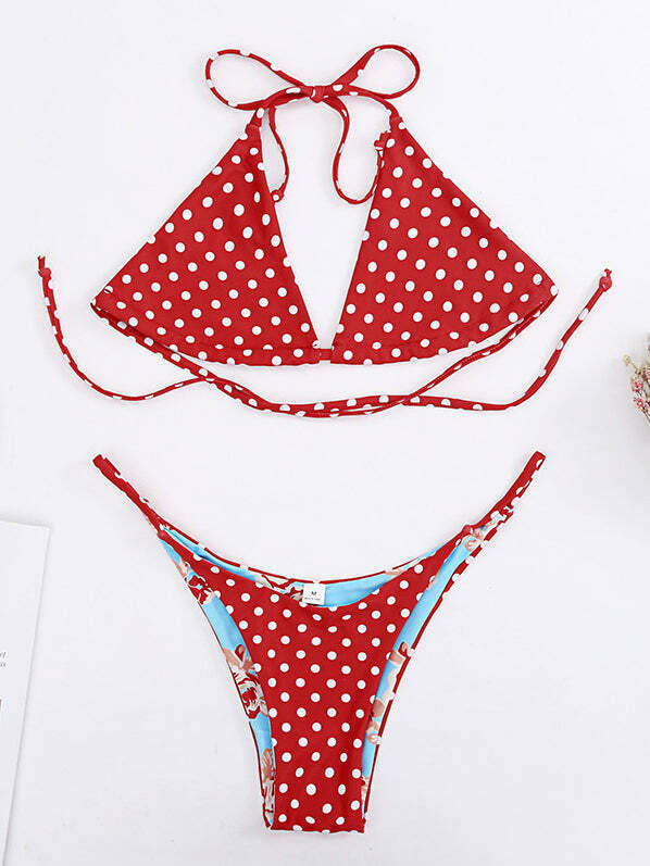 Y2K Vintage Red Bikini Set with Straps - Retro Swimwear for Women