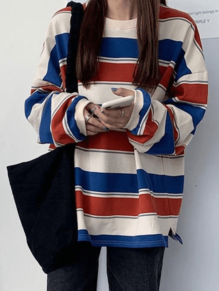 Y2K Vintage Striped Pullover Sweatshirt - Coquette Aesthetic Grunge Style - Cute Tops & Cargo Skirt