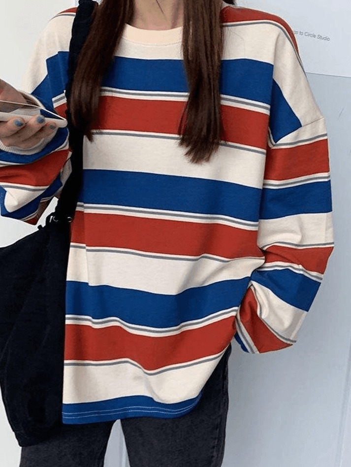 Y2K Vintage Striped Pullover Sweatshirt - Coquette Aesthetic Grunge Style - Cute Tops & Cargo Skirt