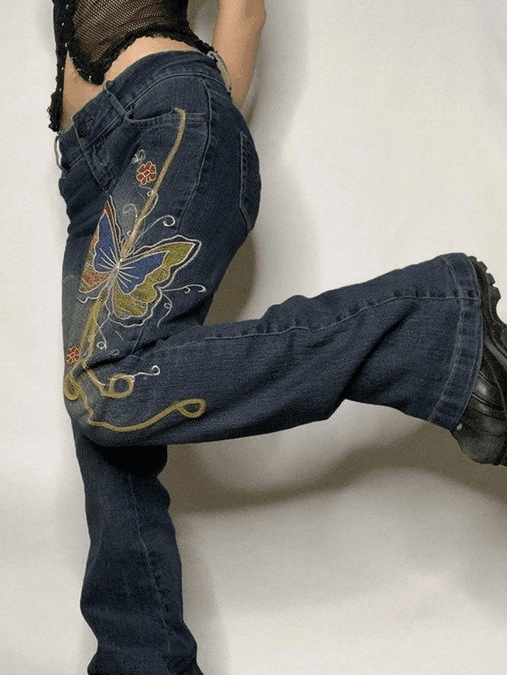 Y2K Vintage Washed Butterfly Flare Jeans - Coquette Aesthetic Grunge Style Women's Fashion