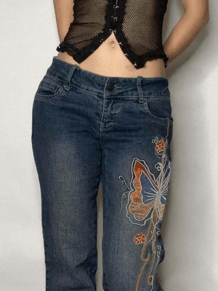 Y2K Vintage Washed Butterfly Flare Jeans - Coquette Aesthetic Grunge Style Women's Fashion