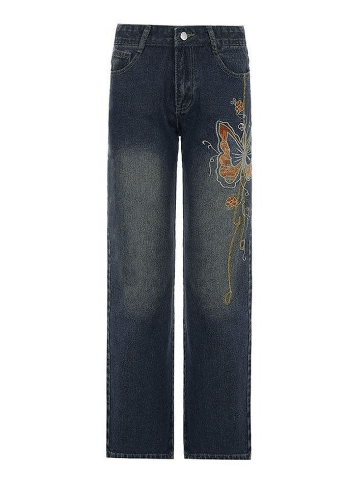 Y2K Vintage Washed Butterfly Flare Jeans - Coquette Aesthetic Grunge Style Women's Fashion