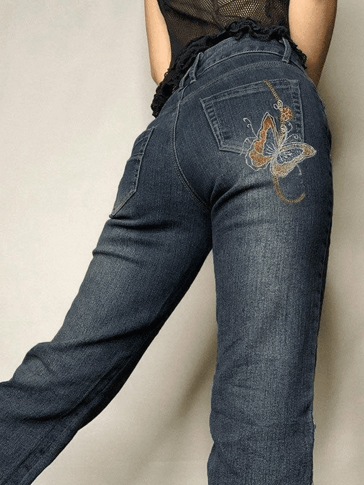 Y2K Vintage Washed Butterfly Flare Jeans - Coquette Aesthetic Grunge Style Women's Fashion