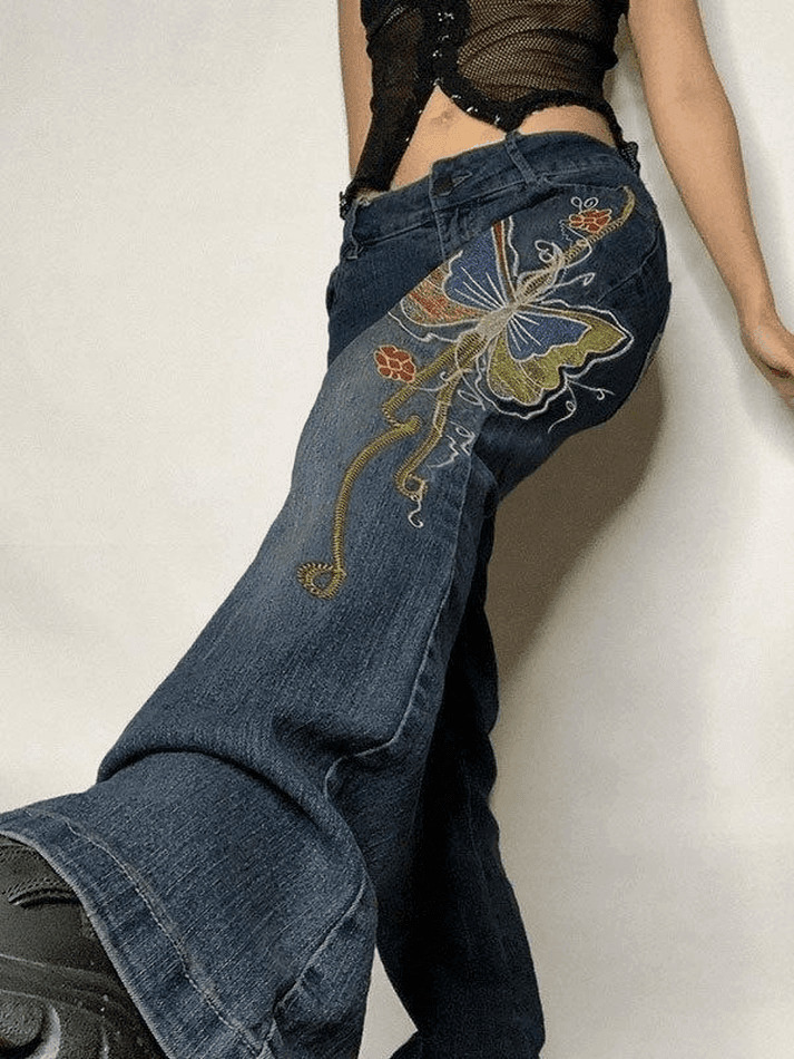 Y2K Vintage Washed Butterfly Flare Jeans - Coquette Aesthetic Grunge Style Women's Fashion