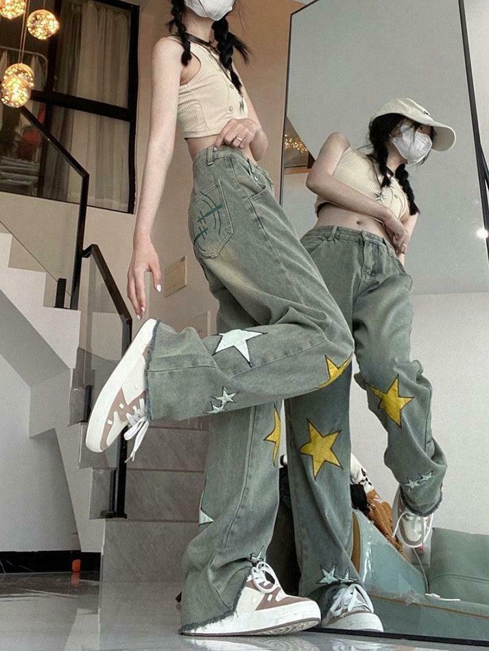 Y2K Washed Star Patched Boyfriend Jeans - Coquette Aesthetic Grunge Style - Cute Tops & Cargo Skirt