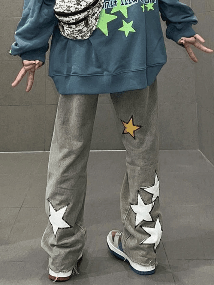 Y2K Washed Star Patched Boyfriend Jeans - Coquette Aesthetic Grunge Style - Cute Tops & Cargo Skirt