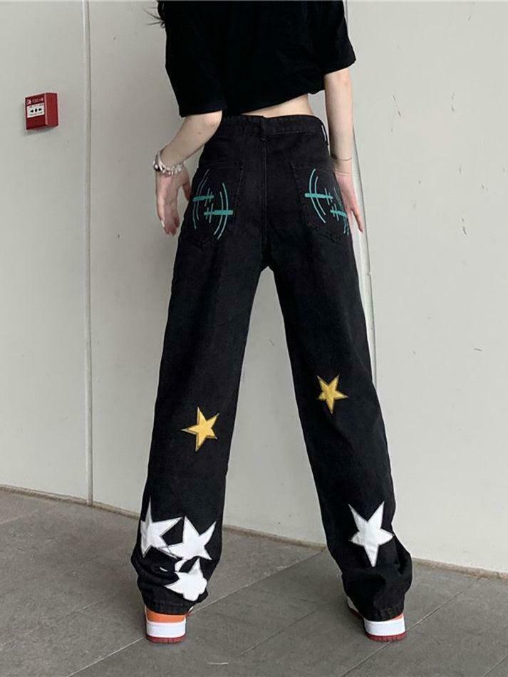 Y2K Washed Star Patched Boyfriend Jeans - Coquette Aesthetic Grunge Style - Cute Tops & Cargo Skirt