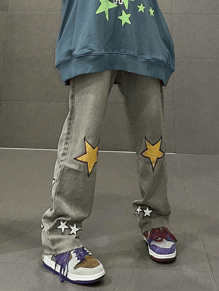 Y2K Washed Star Patched Boyfriend Jeans - Coquette Aesthetic Grunge Style - Cute Tops & Cargo Skirt