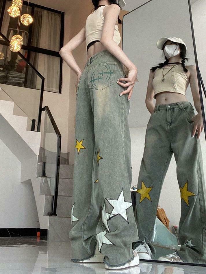 Y2K Washed Star Patched Boyfriend Jeans - Coquette Aesthetic Grunge Style - Cute Tops & Cargo Skirt