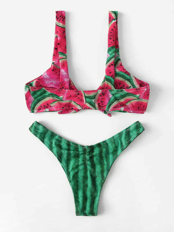 Y2K Watermelon Front Knot Bikini - Coquette Aesthetic Grunge Style Cute Tops & Cargo Skirt