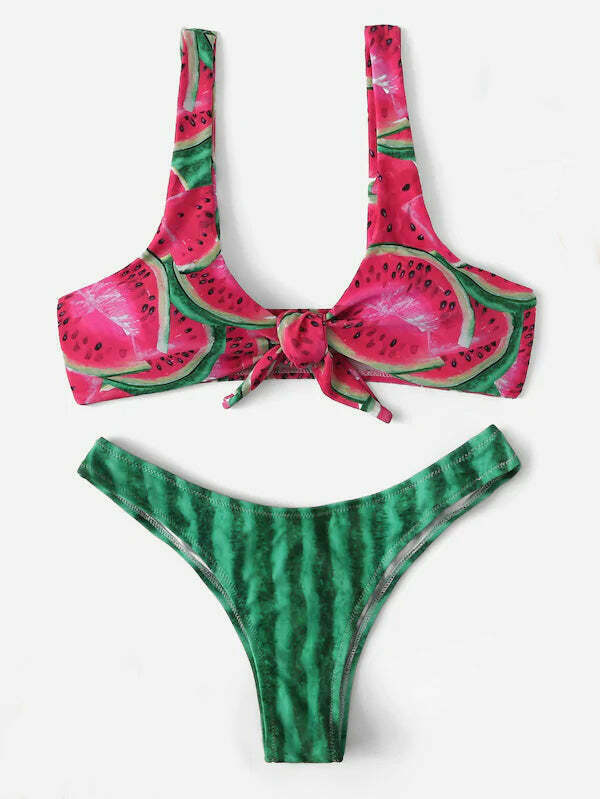 Y2K Watermelon Front Knot Bikini - Coquette Aesthetic Grunge Style Cute Tops & Cargo Skirt