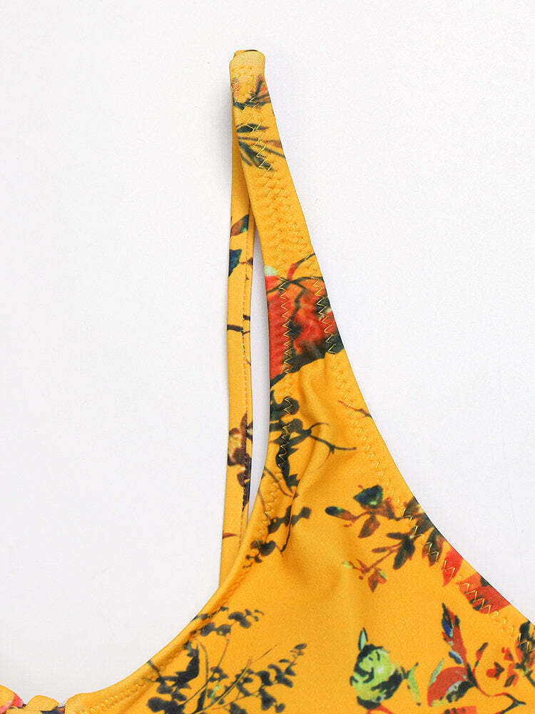 Yellow Floral Lace-Up Tassel Bikini Set with Ribbed Texture - Y2K Fashion Swimwear
