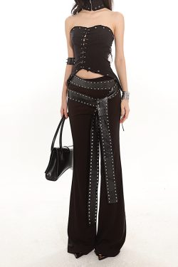 2024 Summer Heavyweight Spicy Girl Studded Waist Elastic Flare Casual Pants - Black Long Pants for Trendy Y2K Style