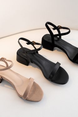 2025 Summer Roman Genuine Leather One-Strap Chunky Heel Sandals for Women - Versatile Fairy Style in Black, Size 41