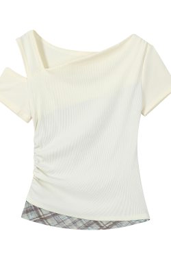 2025 Summer Women's Blue Off-Shoulder T-Shirt - Unique Short Sleeve Top, Trendy Casual Wear, Y2K Style
