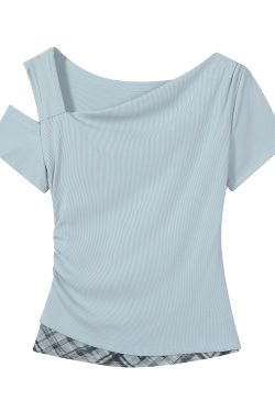 2025 Summer Women's Blue Off-Shoulder T-Shirt - Unique Short Sleeve Top, Trendy Casual Wear, Y2K Style