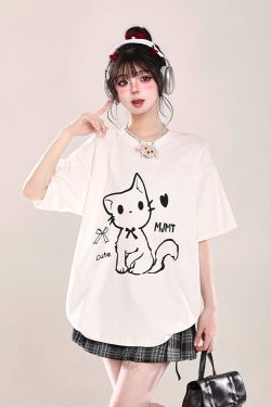 2025 Summer Women's Cartoon Cat Print Round Neck Short Sleeve T-Shirt, Casual Loose Tee, Trendy Y2K Style