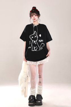 2025 Summer Women's Cartoon Cat Print Round Neck Short Sleeve T-Shirt, Casual Loose Tee, Trendy Y2K Style