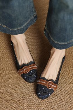 2025 Women's Color Block Canvas Slip-On Flats with Embroidery - Comfortable Round Toe Casual Footwear