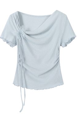 3D Butterfly Blue Off-Shoulder Top - Unique Waist-Cinched Blouse, Stylish Women's T-Shirt for Y2K and Casual Looks
