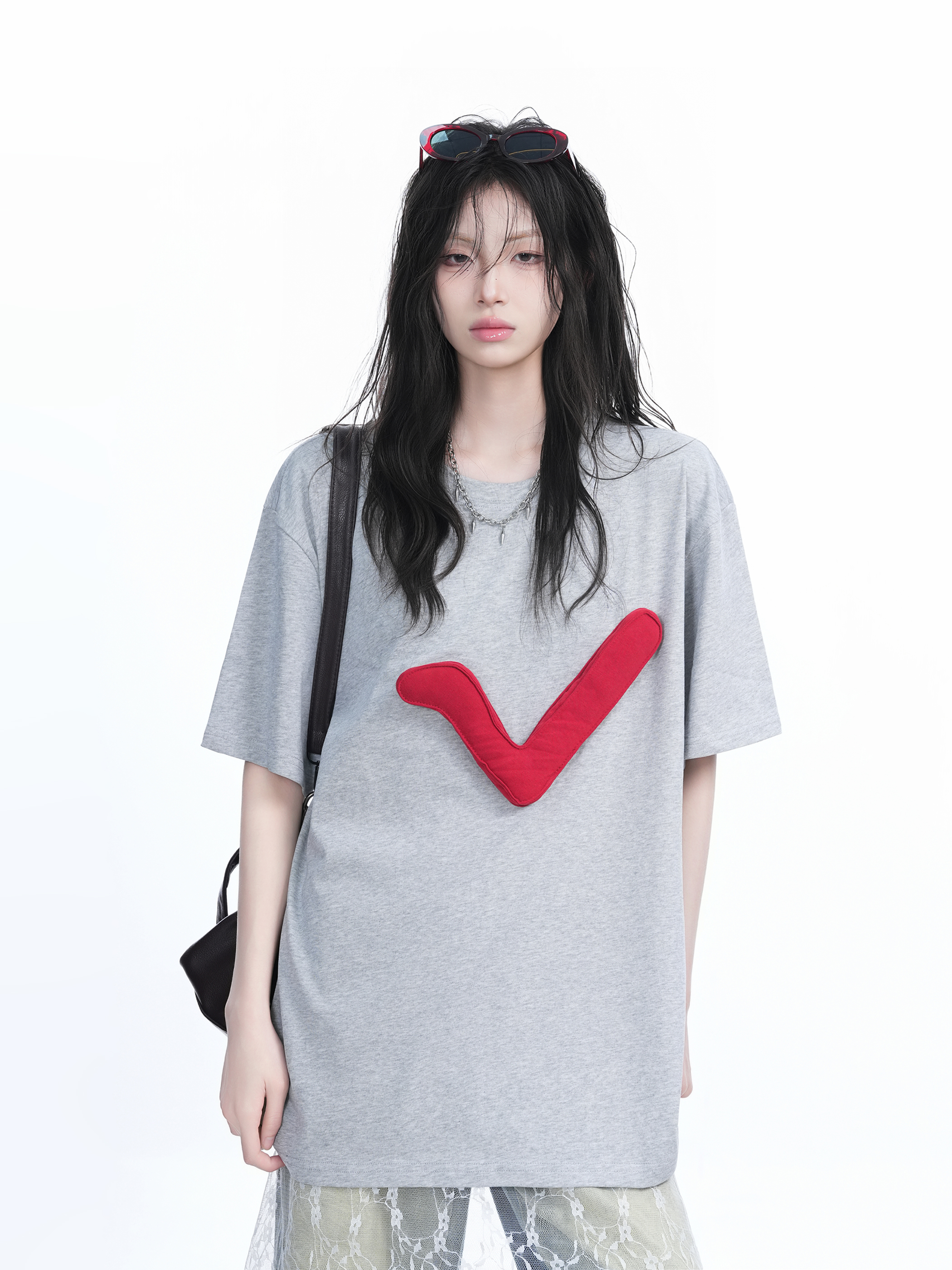 3D Checkmark Gray Short-Sleeve T-Shirt for Women - American Retro Hip-Hop Style, Loose Fit, Y2K Trendy Design