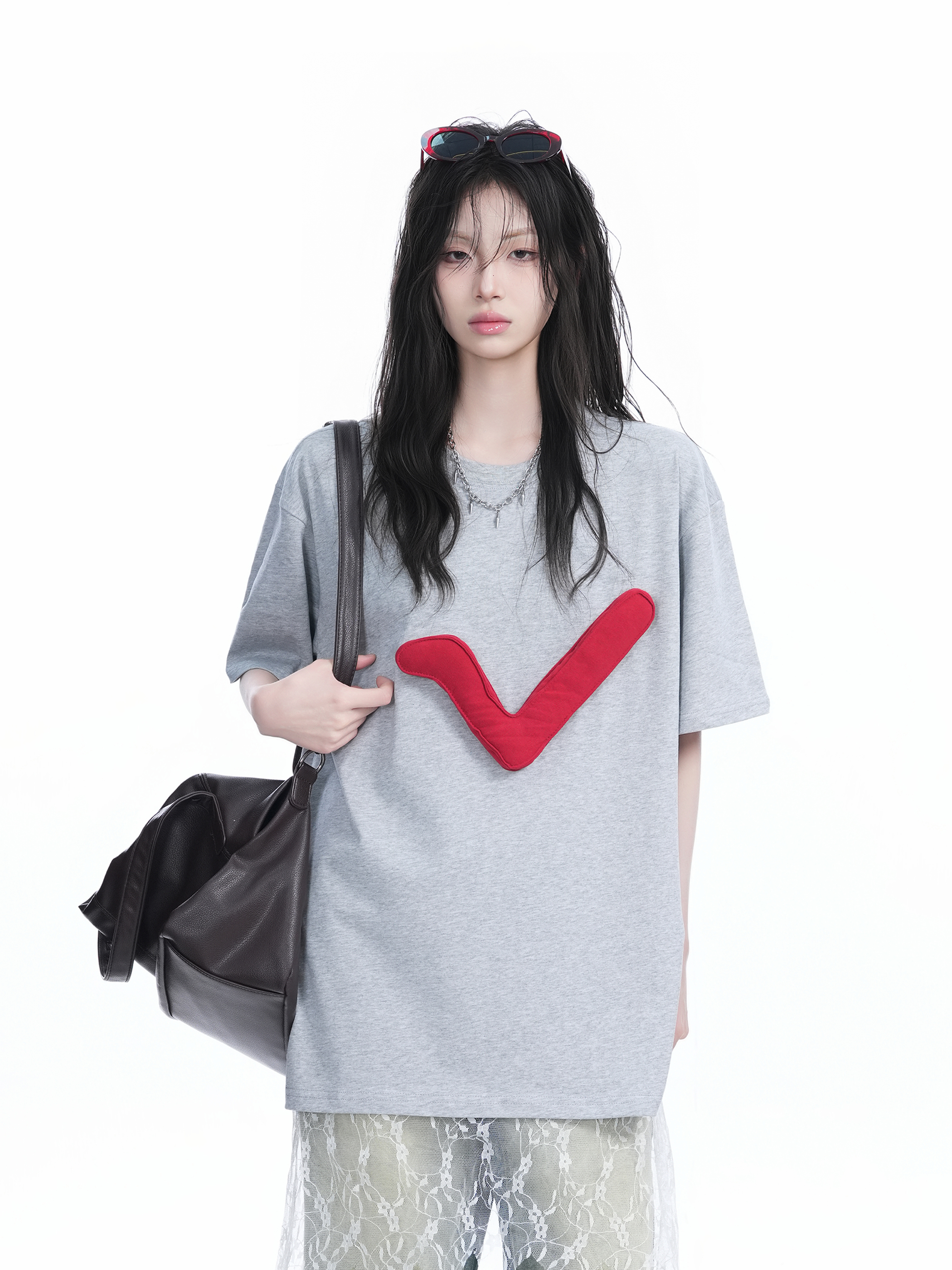 3D Checkmark Gray Short-Sleeve T-Shirt for Women - American Retro Hip-Hop Style, Loose Fit, Y2K Trendy Design