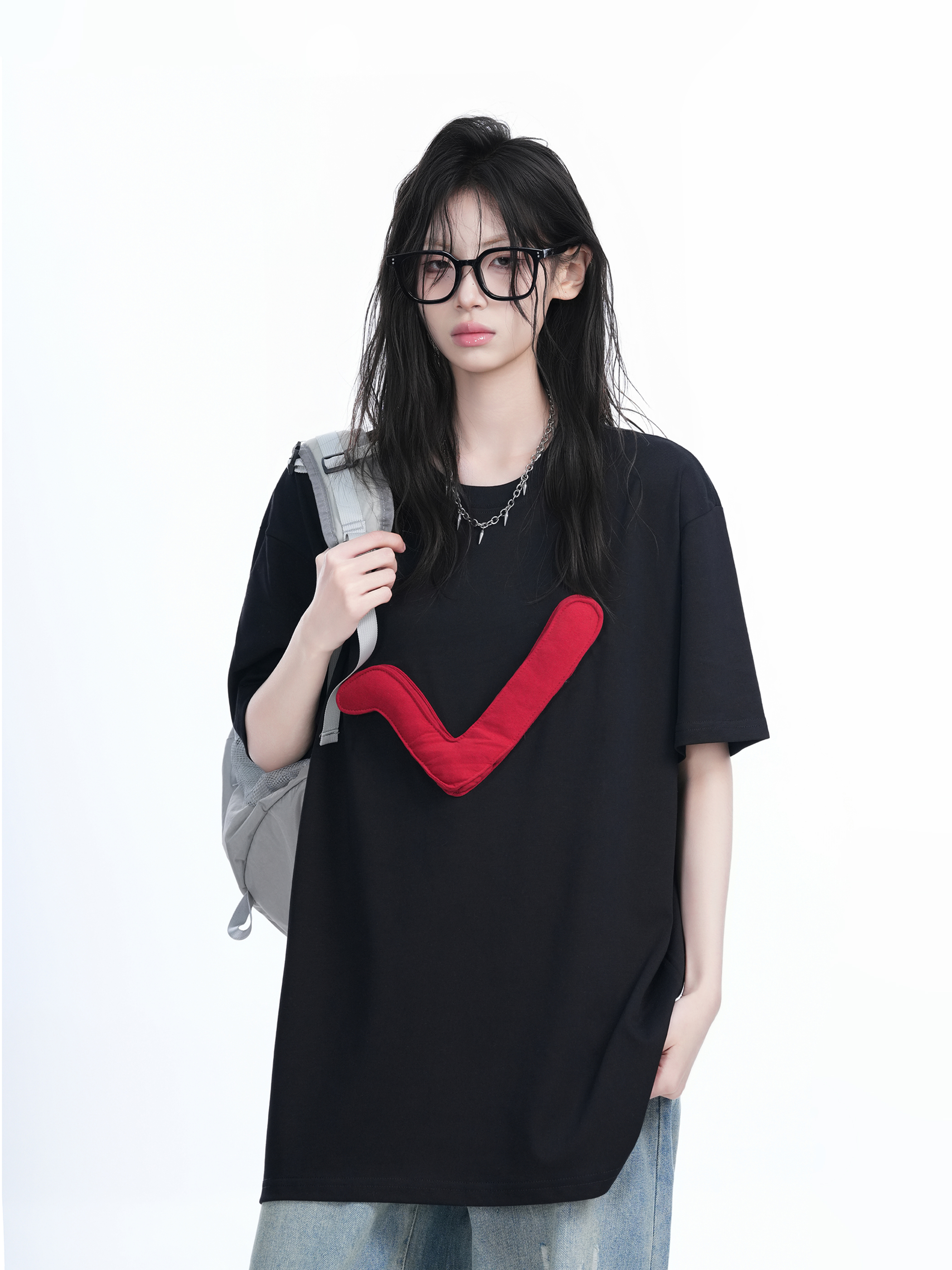 3D Checkmark Gray Short-Sleeve T-Shirt for Women - American Retro Hip-Hop Style, Loose Fit, Y2K Trendy Design