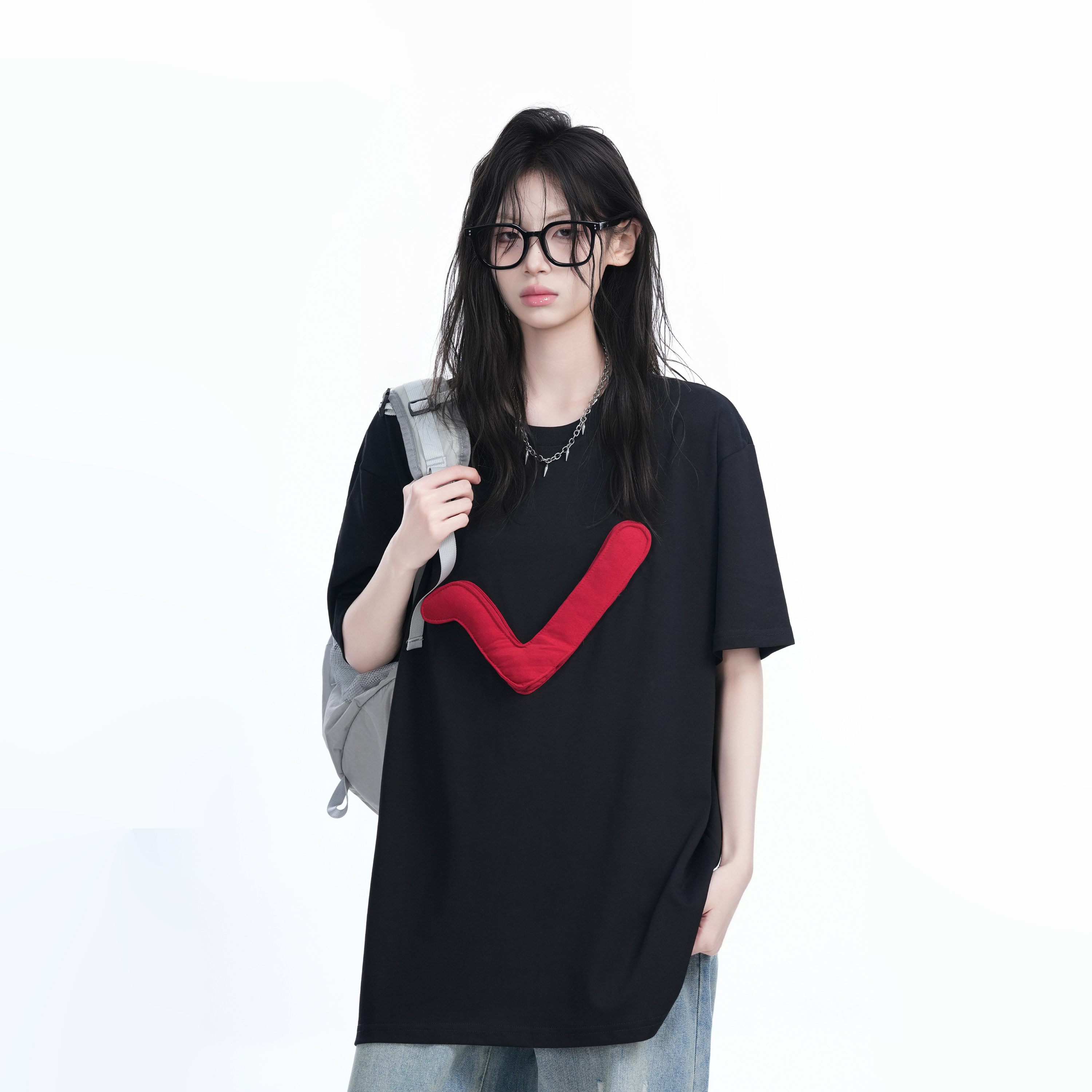3D Checkmark Gray Short-Sleeve T-Shirt for Women - American Retro Hip-Hop Style, Loose Fit, Y2K Trendy Design