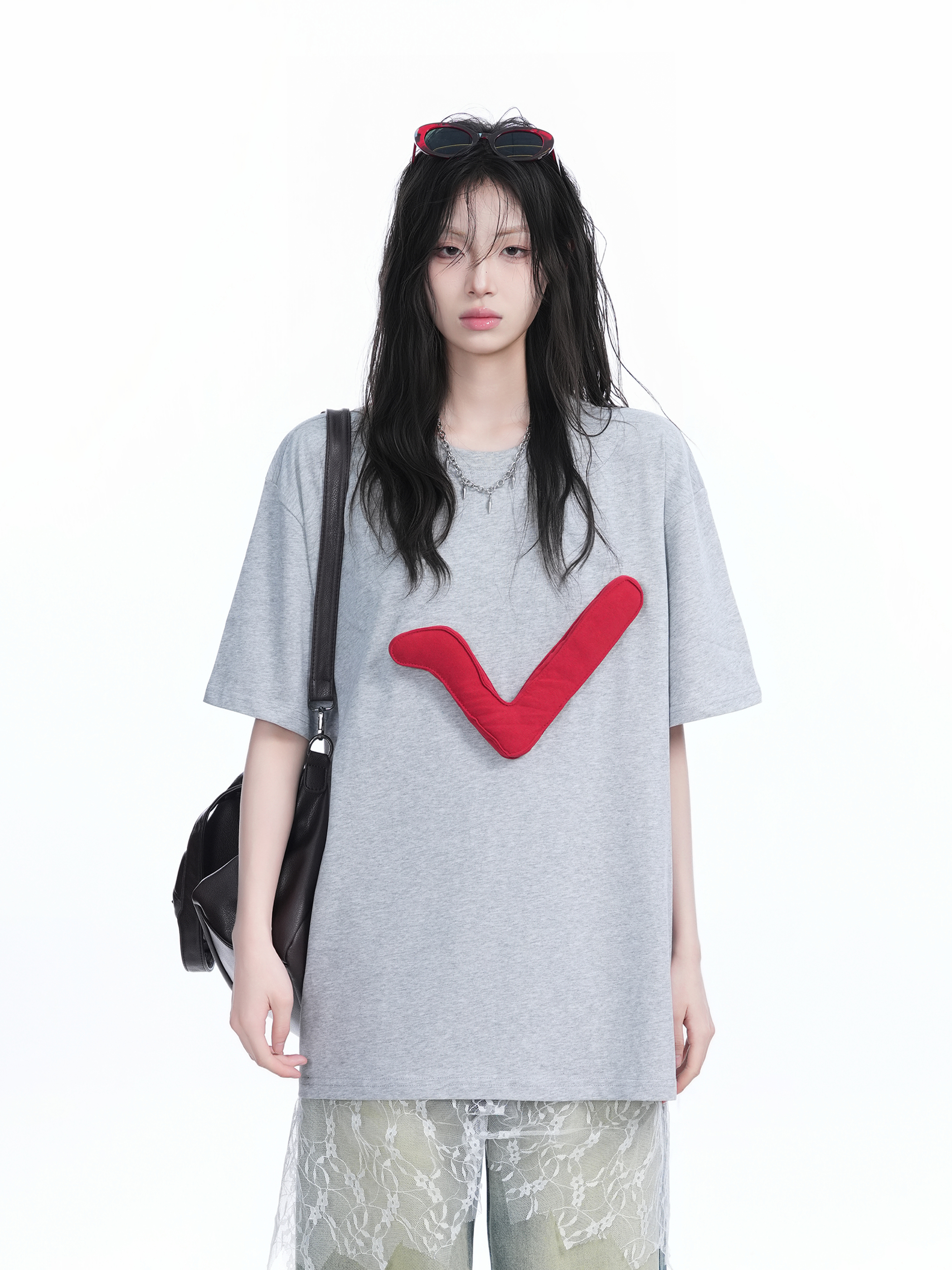 3D Checkmark Gray Short-Sleeve T-Shirt for Women - American Retro Hip-Hop Style, Loose Fit, Y2K Trendy Design