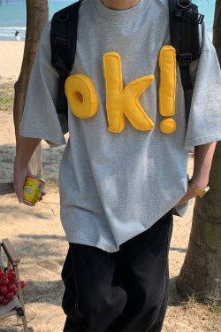 3D OK Letter Printed Short Sleeve T-Shirt for Men and Women, Casual Summer Loose Fit Vintage Style Tee