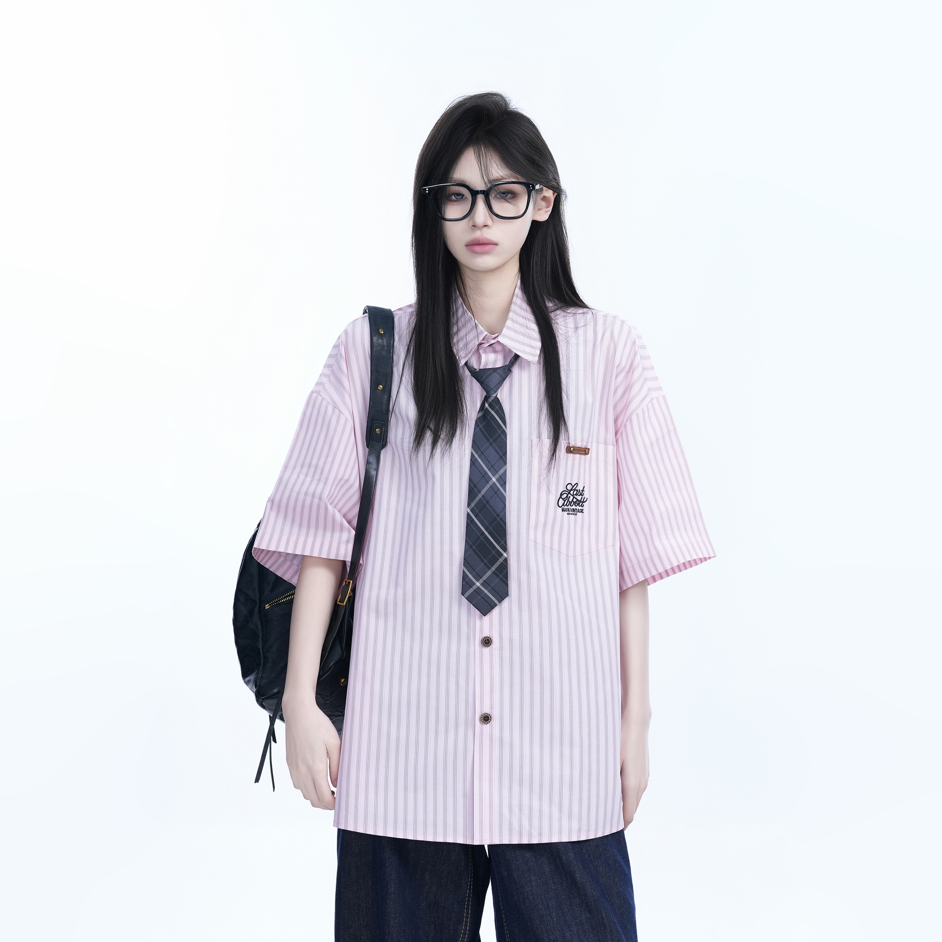 Academy Style Blue Vertical Striped Short Sleeve Shirt for Women, Unique Loose Summer Top, Trendy Casual Fashion