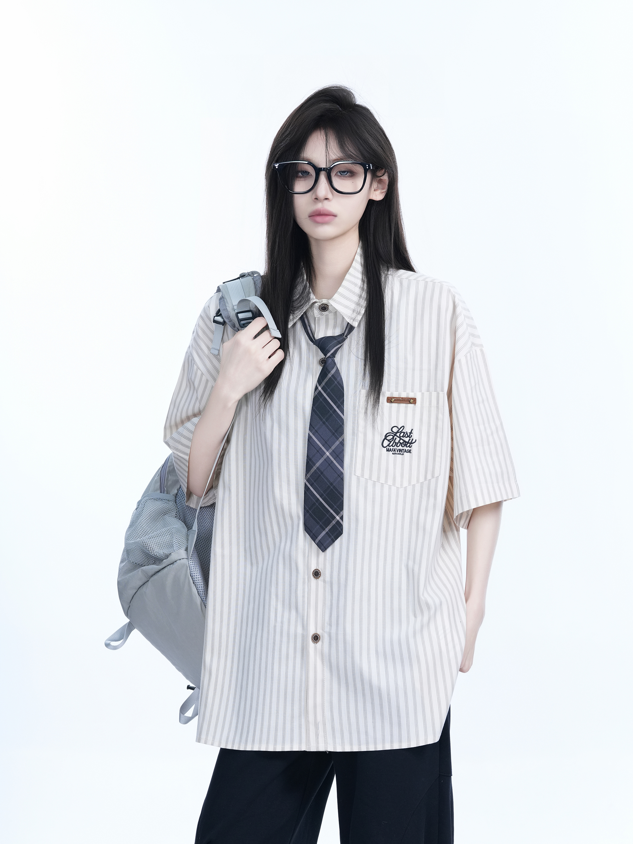 Academy Style Blue Vertical Striped Short Sleeve Shirt for Women, Unique Loose Summer Top, Trendy Casual Fashion