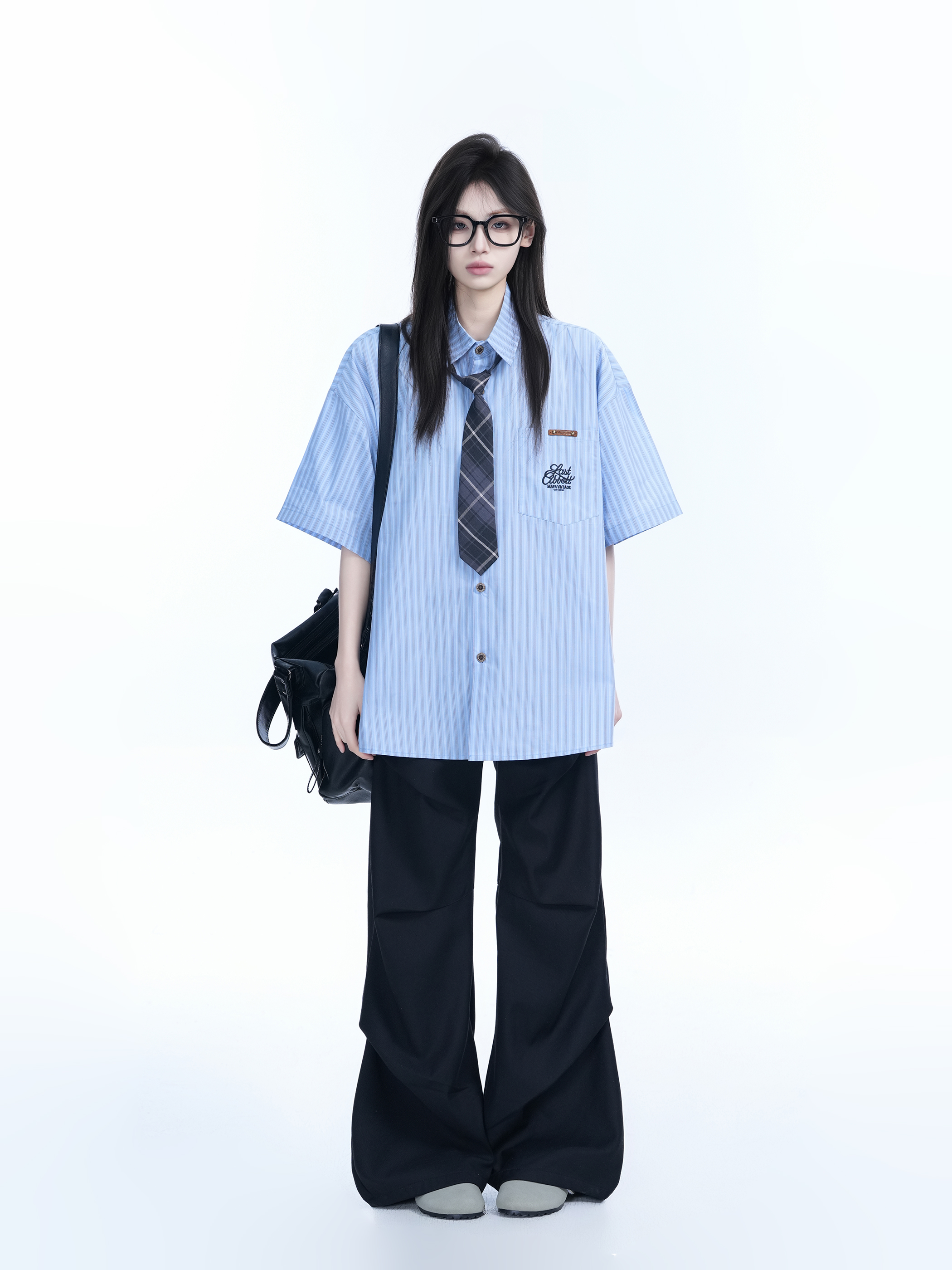 Academy Style Blue Vertical Striped Short Sleeve Shirt for Women, Unique Loose Summer Top, Trendy Casual Fashion
