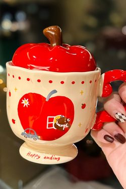 Adorable Apple Ceramic Mug with Lid and Spoon, High-Foot Design, Perfect Gift for Best Friends, Cute Kitchenware for Girls