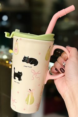 Adorable Cat Mug for Girls - 520ml Ceramic Cup with Straw, Cute Ton-Ton Design, Perfect for Everyday Use and Gifts