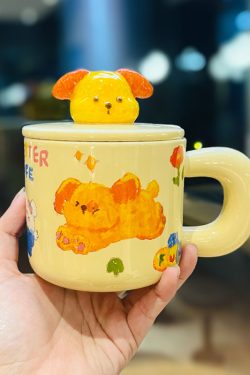 Adorable Ceramic Puppy Mug with Lid and Spoon - Cute Gift for Girls and Best Friends, Perfect Birthday Present