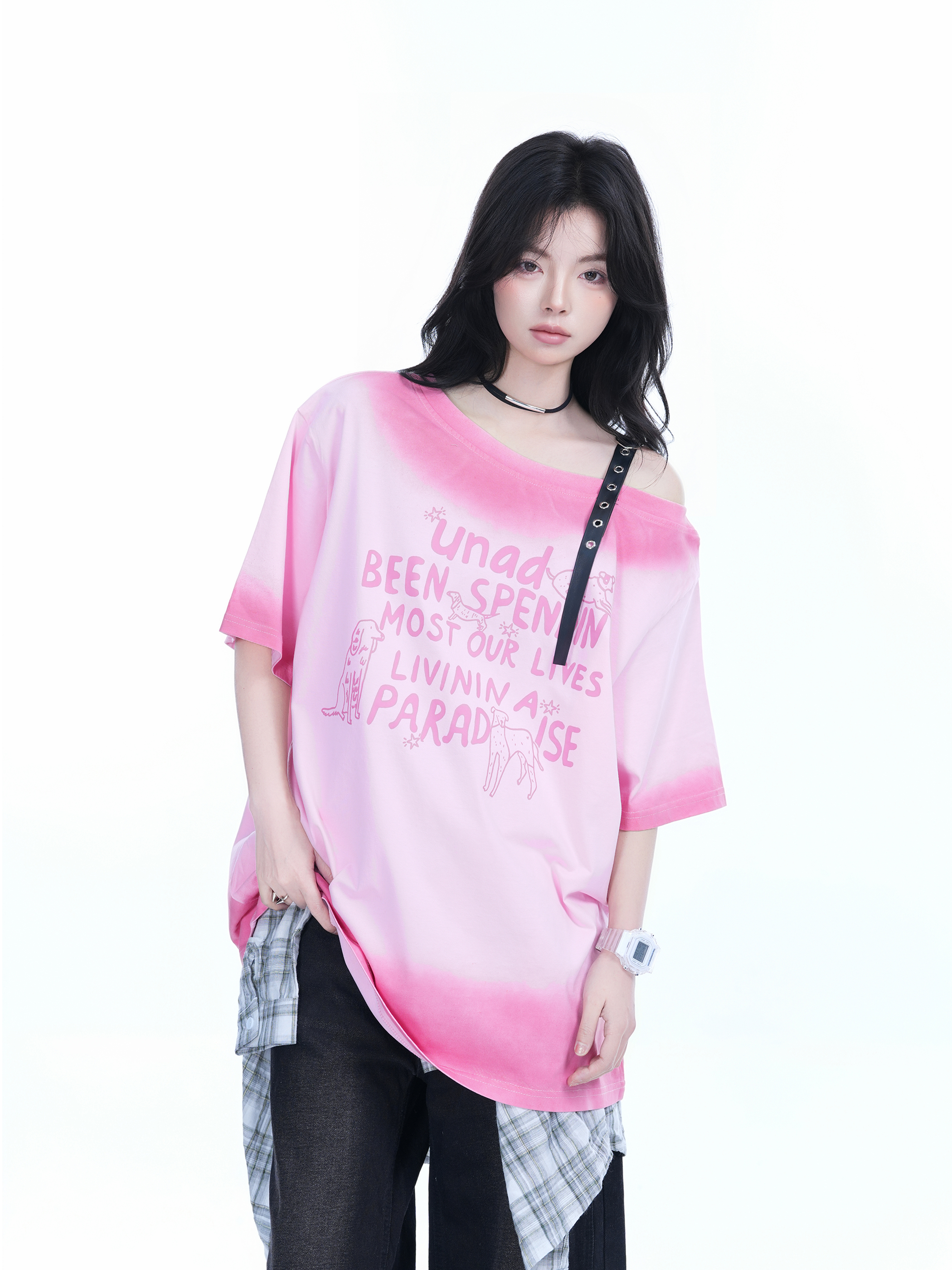 American Gradient Leather Buckle Off-Shoulder Oversized Short Sleeve T-Shirt for Women - Trendy Casual Spicy Girl Style