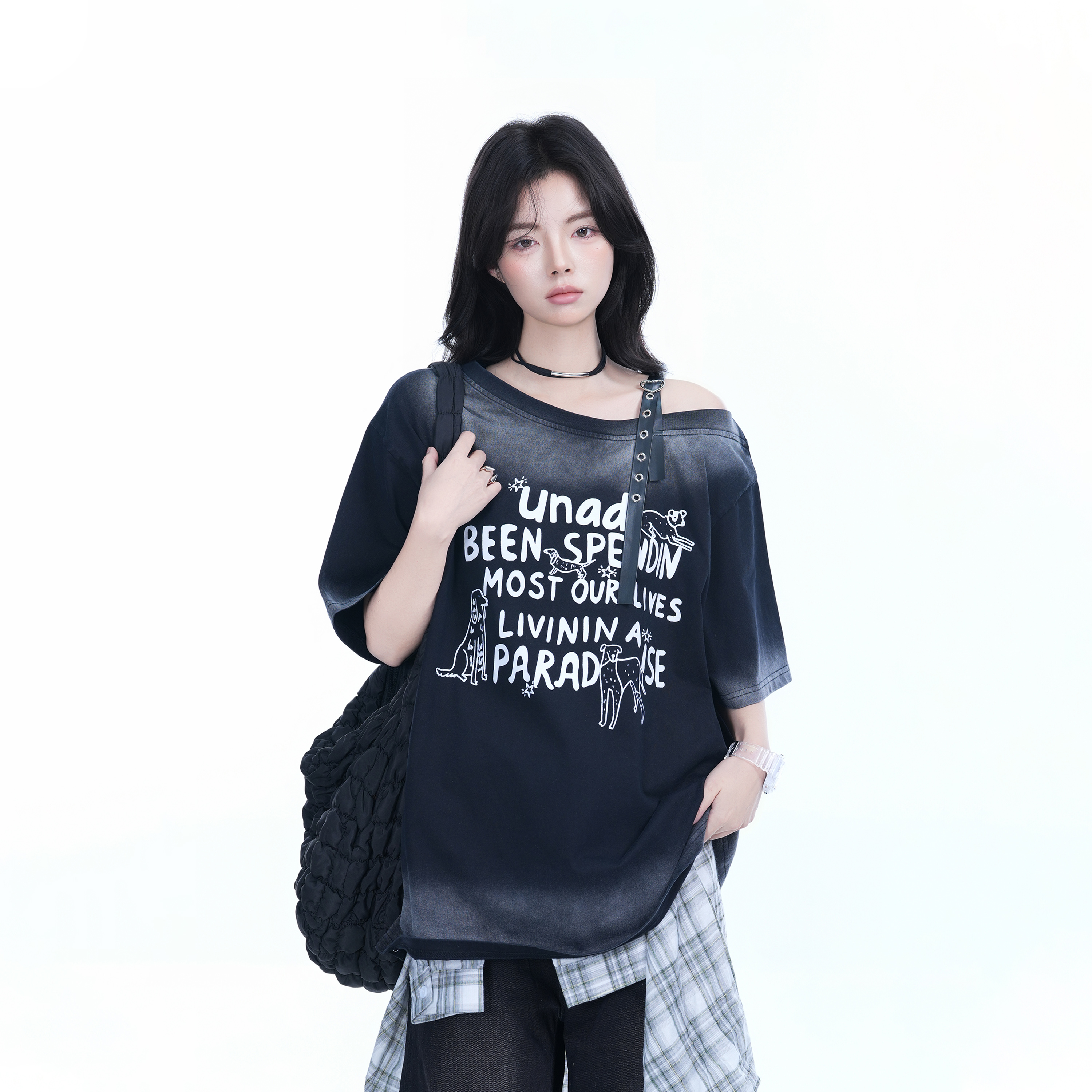 American Gradient Leather Buckle Off-Shoulder Oversized Short Sleeve T-Shirt for Women - Trendy Casual Spicy Girl Style